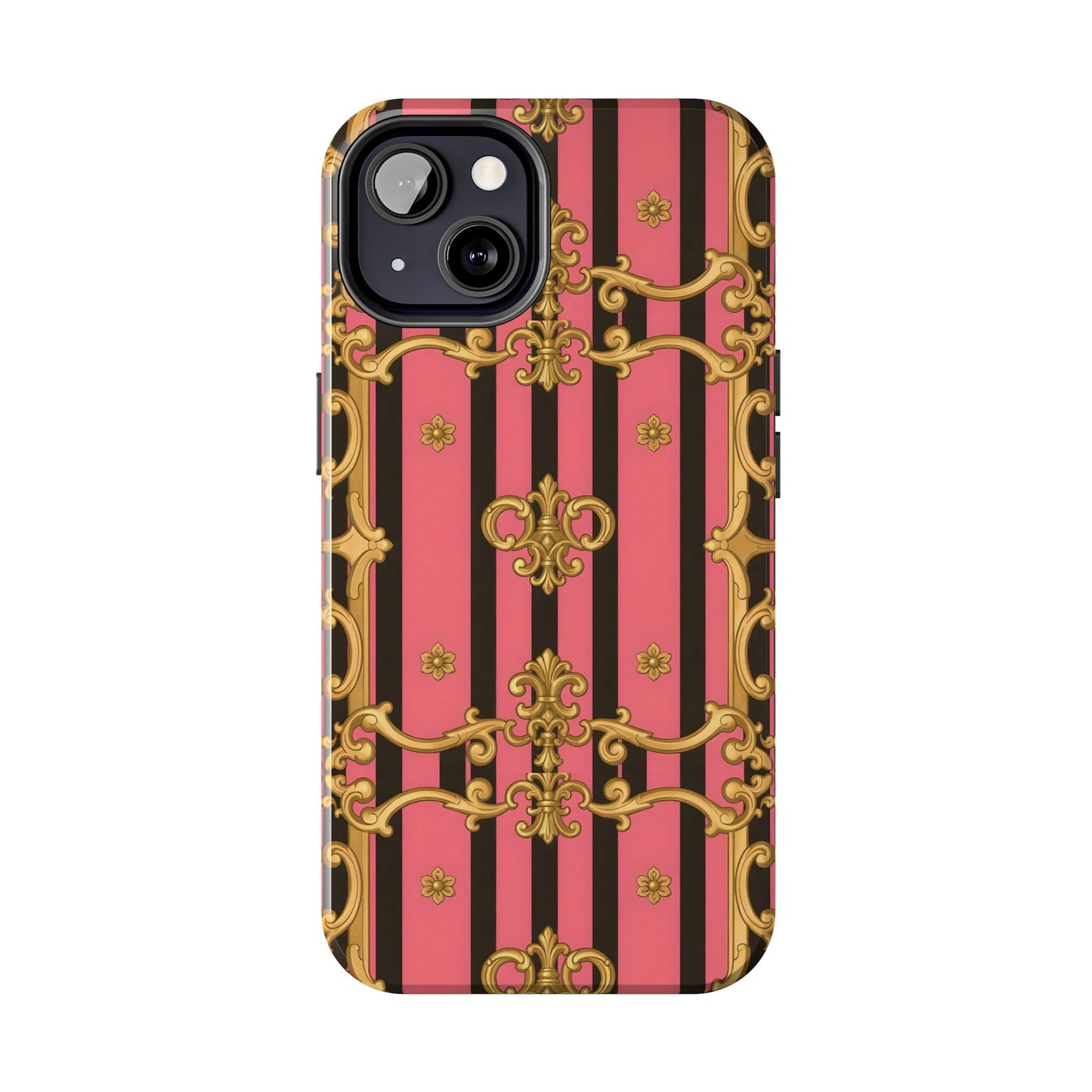 Elegant Baroque Tough Phone Cases, Stylish Protection, Gift for Her, Trendy Accessory - Pink & Black Striped Gold Baroque