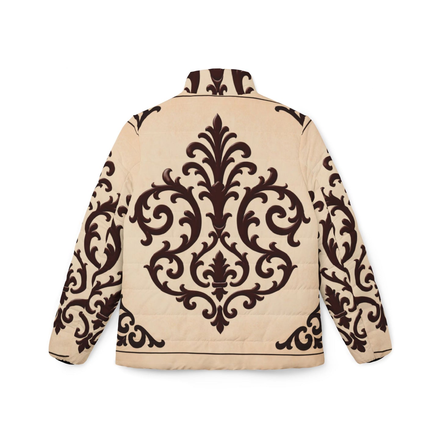 Almond-Beige & Brown Baroque Women’s Puffer Jacket — Baroque Scroll Print
