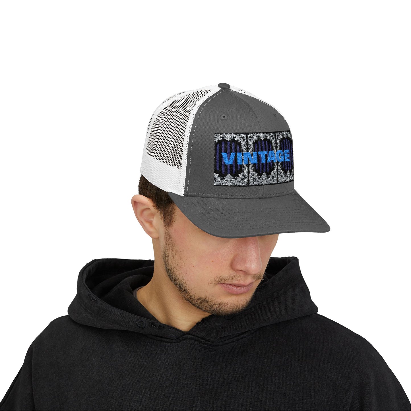 Vintage Navy Stripes & Baroque Trucker Cap — Retro 'VINTAGE' Embroidered Snapback