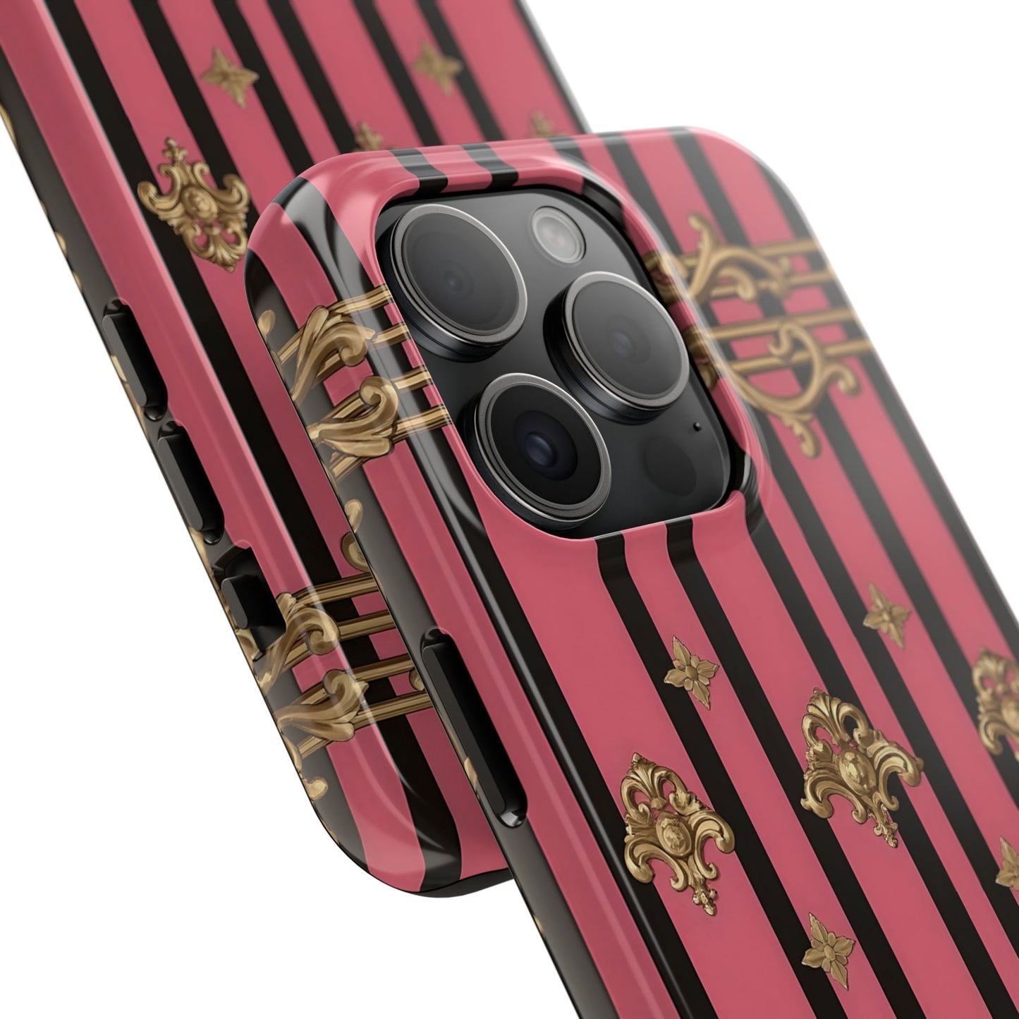 Elegant Floral Phone Cases, Stylish Protective Case for Trendy Individuals, Unique Gift for Tech Lovers, Phone Accessories - Pink Striped Gold Rococo