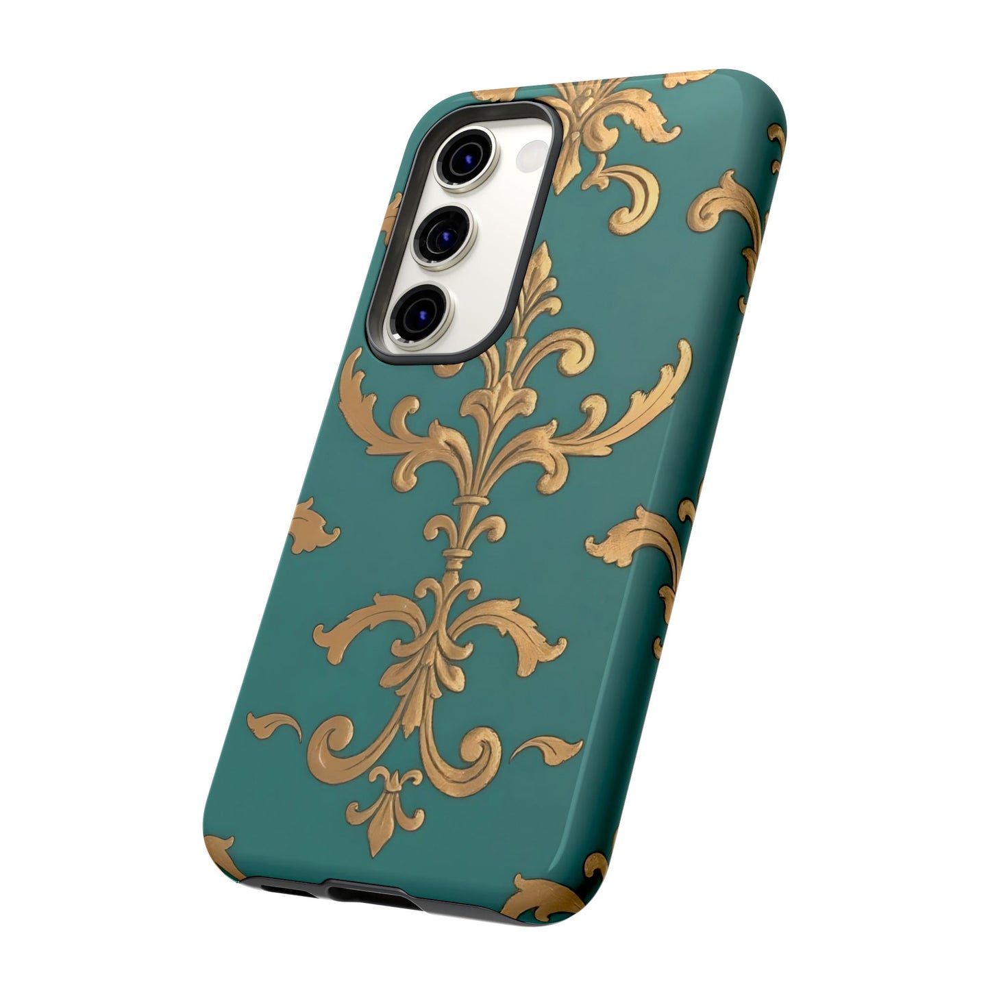 Elegant Floral Motif Phone Case - Tough Cases with Vintage Design - Aqua & Gold Damask