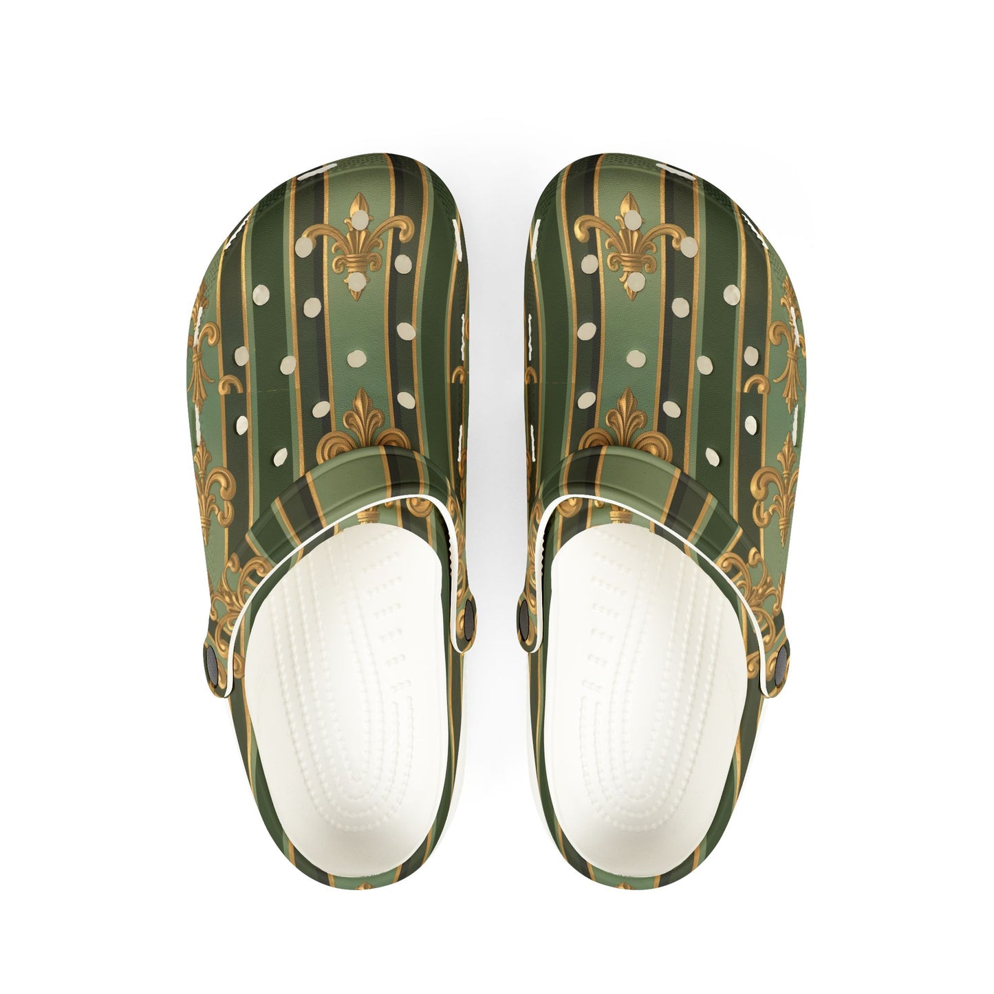 Stylish AOP EVA Foam Clogs, Trendy Foam Shoes for Comfort, Garden Sandals, Summer Outdoor Footwear - Green Striped Gold Baroque
