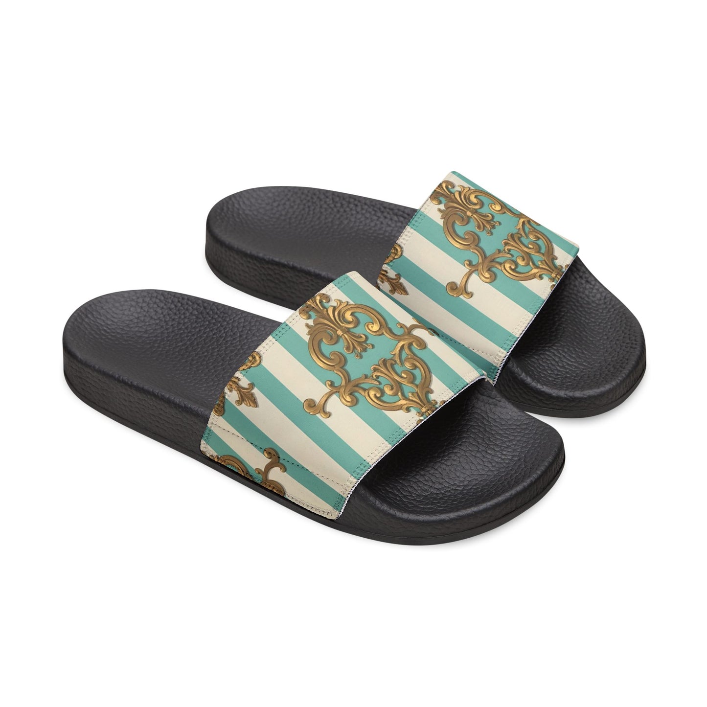 Chic Removable-Strap Sandals | Stylish Summer Footwear, Beach Sandals, Casual Slides, Floral Pattern - Matte Green Striped Rococo