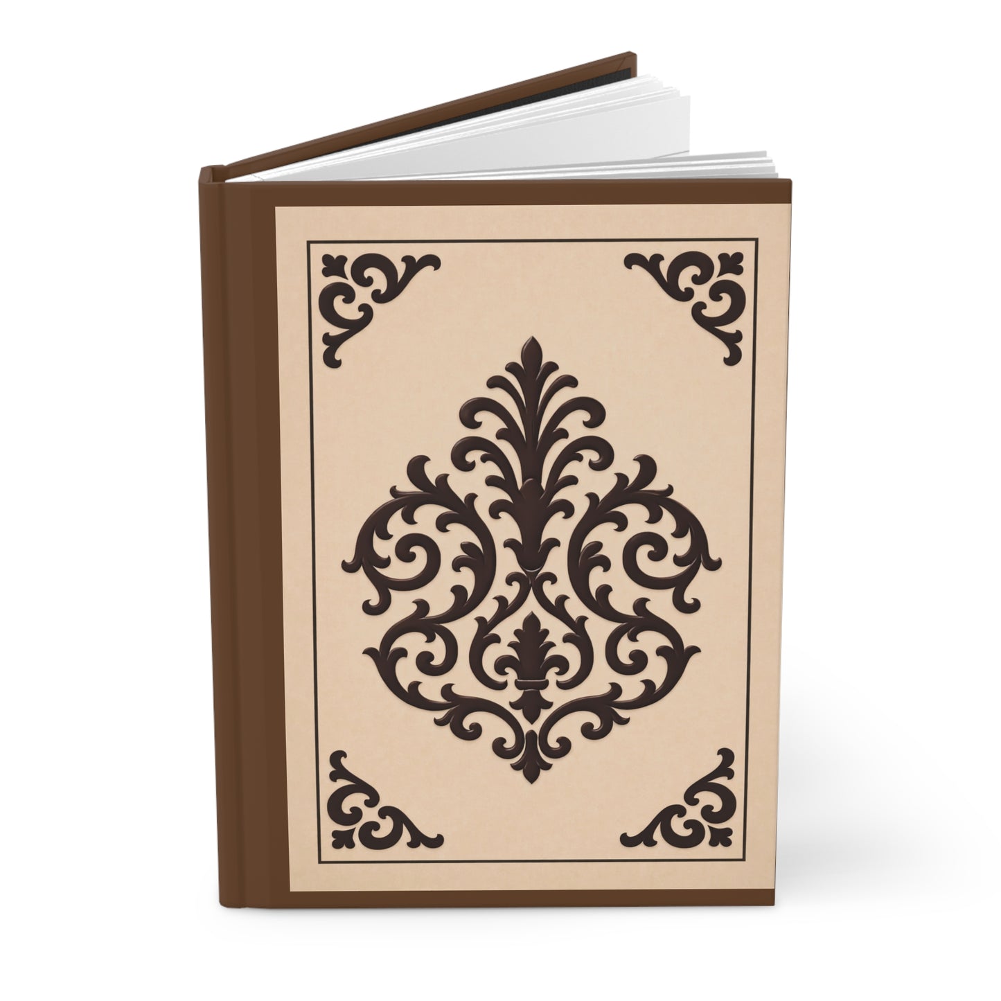 Almond-Beige & Brown Baroque Hardcover Journal — Classic Brown Notebook for Notes & Gift