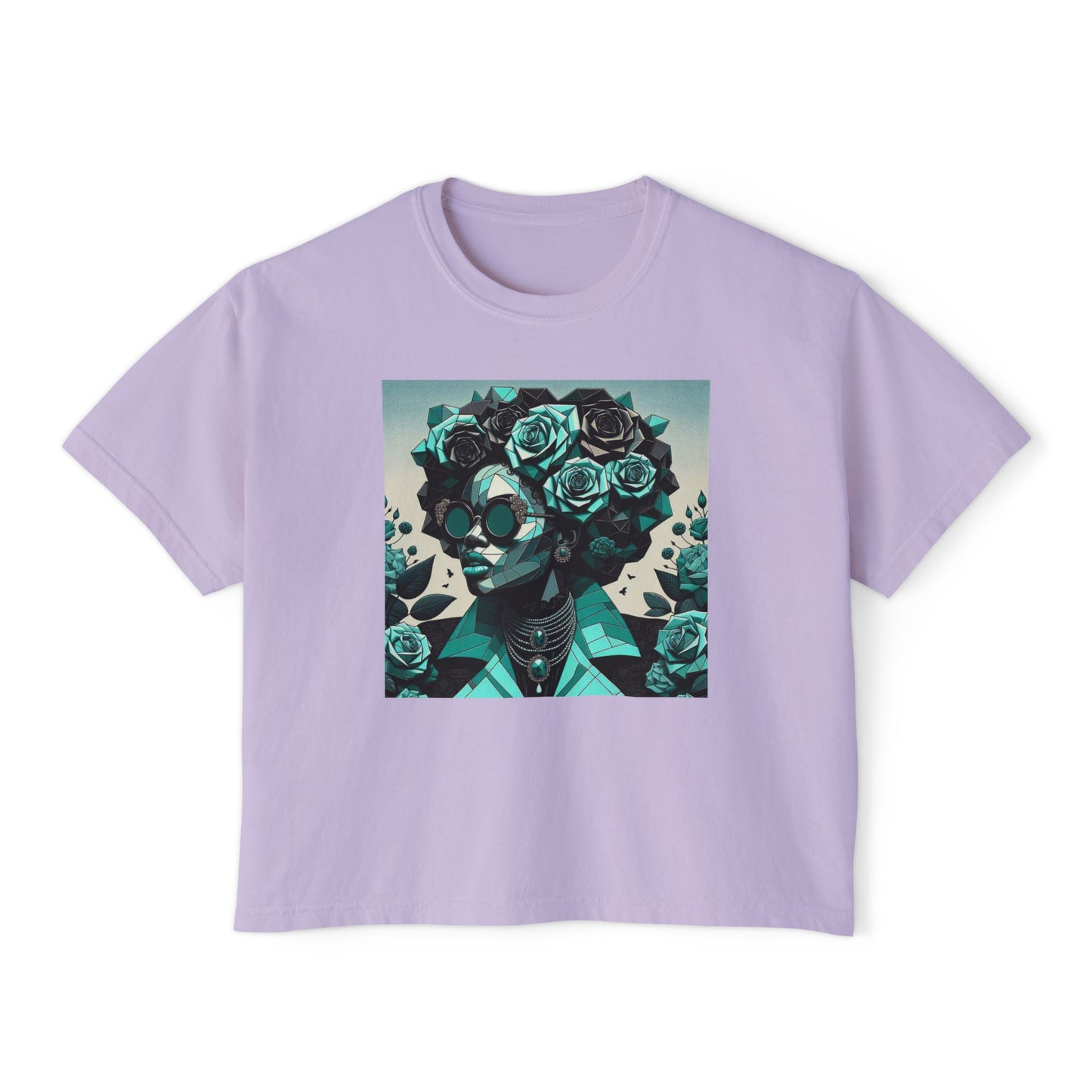 Floral Skull Women's Boxy Tee, Casual Outfit, Graphic Tee, Festival Fashion, Gift for Her - Turquoise & Black Roses Lady