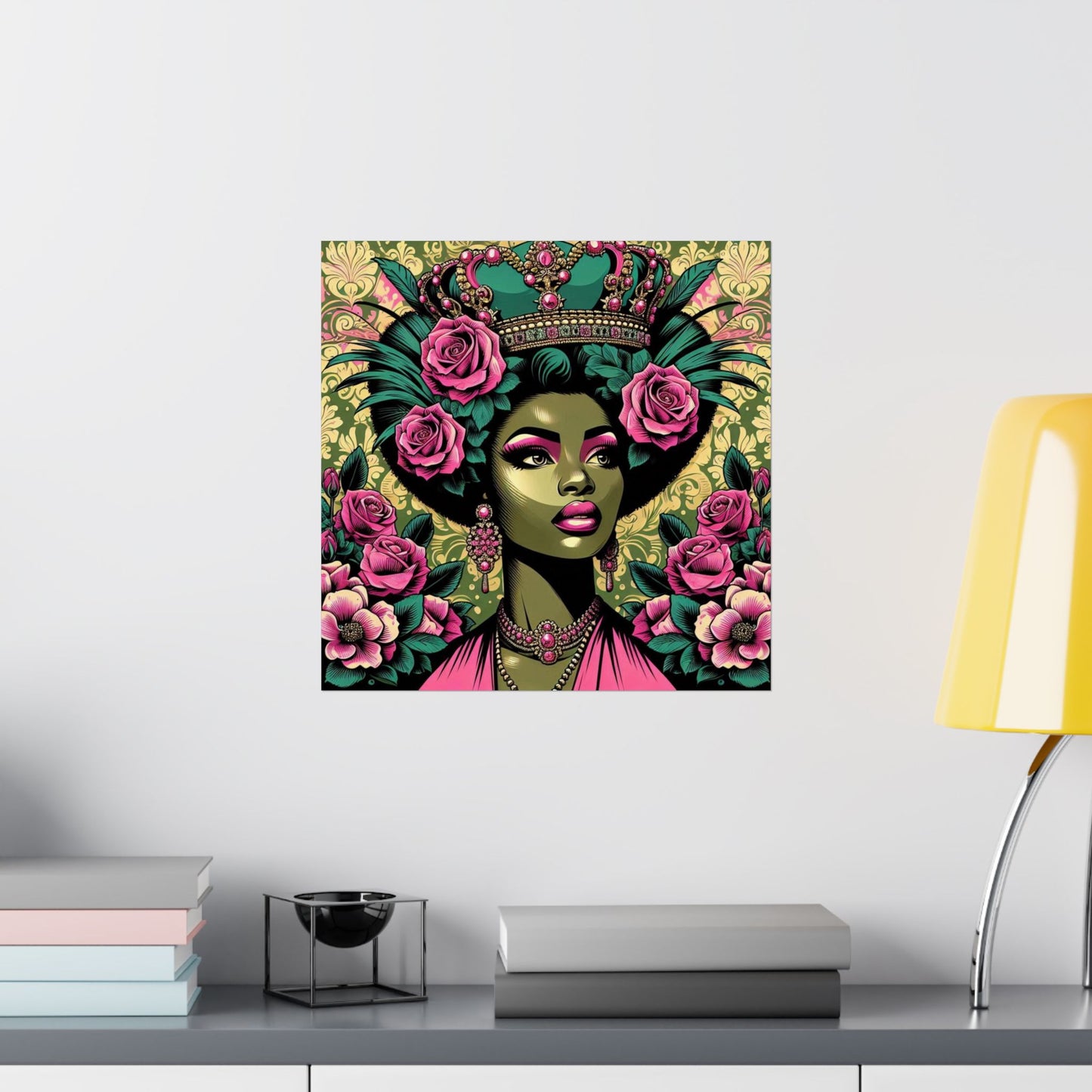 Floral Afro Art Poster - Elegant Matte Vertical Wall Decor - Olive Green Lady & Damask