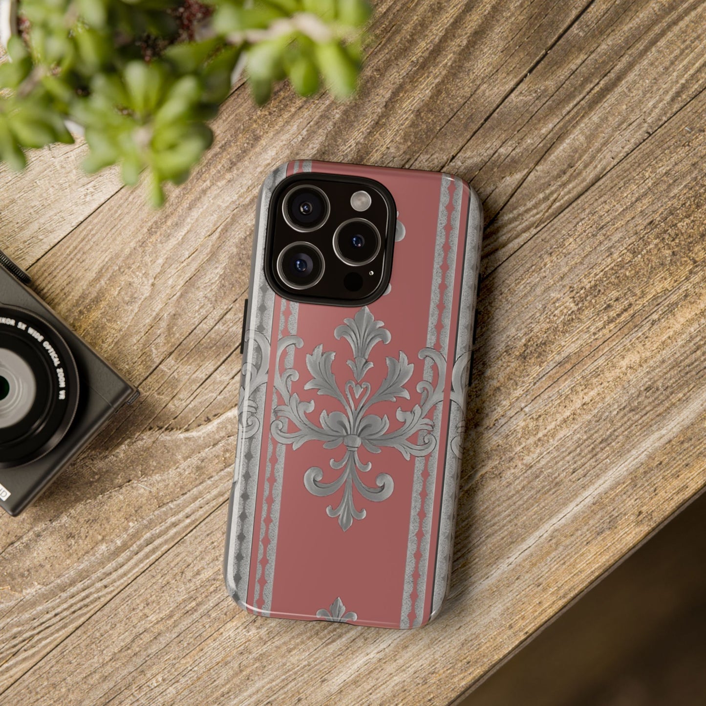 Elegant Floral Phone Case - Tough Cases for Stylish Protection - Gray & Mauve Striped Baroque
