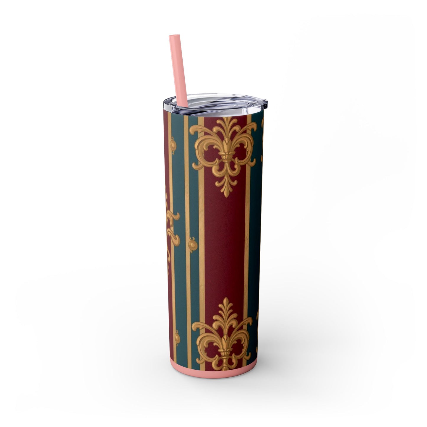 Elegant Vintage Skinny Tumbler with Straw, 20oz | Gold & Burgundy Design | Travel Mug, Gift for Her - Burgundy Striped Gold Baroque