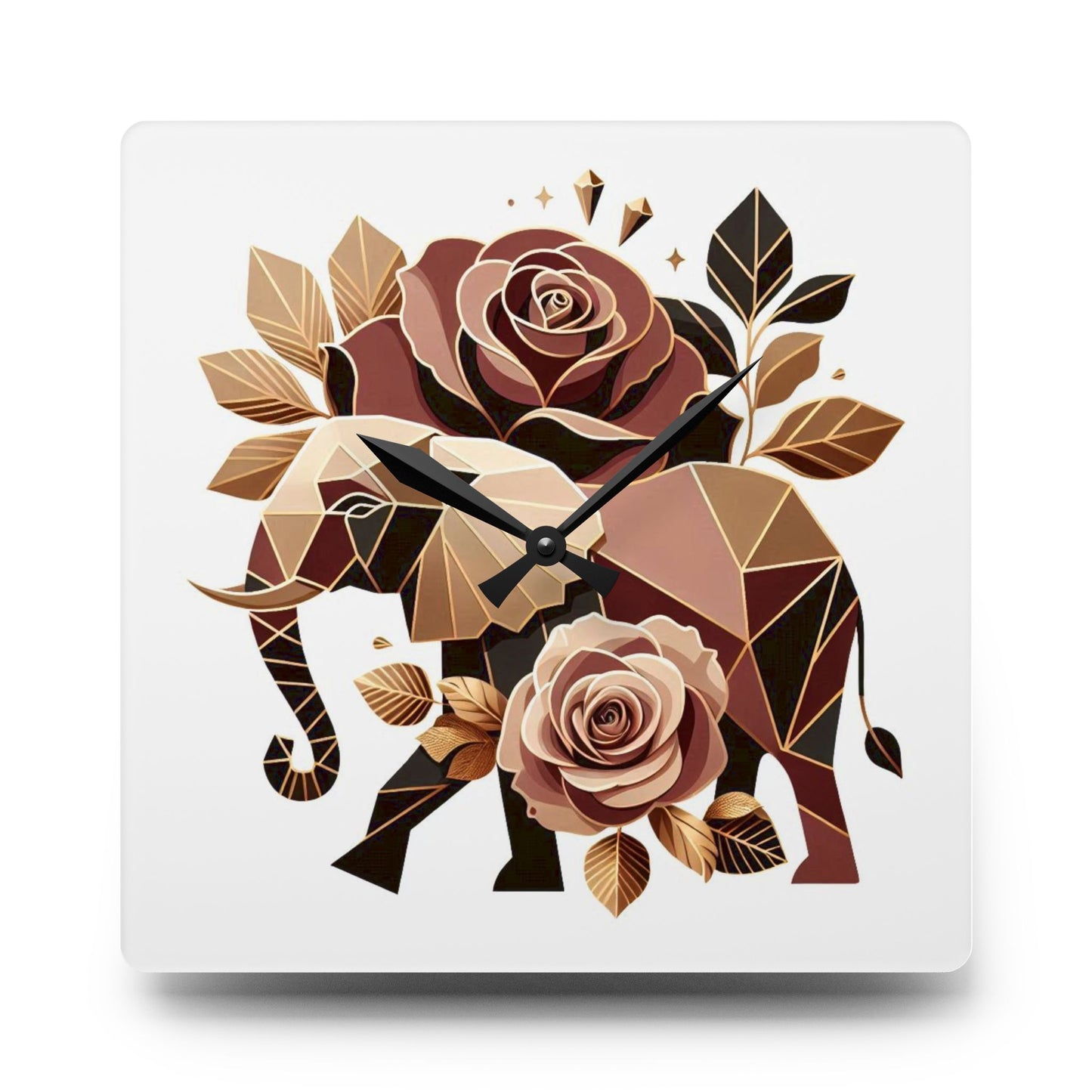 Bohemian Elephant-Inspired Acrylic Wall Clock with Floral Design - Brown & Gold Elephant & Roses Design