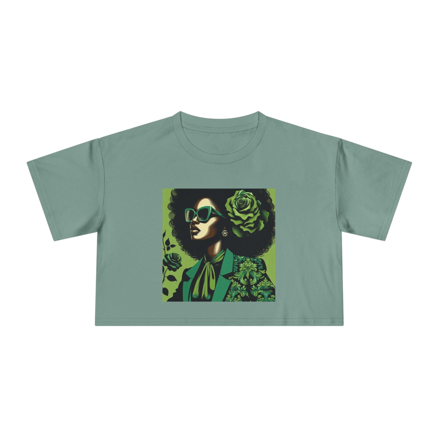 Stylish Women's Crop Tee with Damask Design | Trendy Summer Top, Afro Crop Shirt, Casual Wear, Gift for Her - Lady in Green Damask