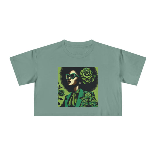 Stylish Women's Crop Tee with Damask Design | Trendy Summer Top, Afro Crop Shirt, Casual Wear, Gift for Her - Lady in Green Damask