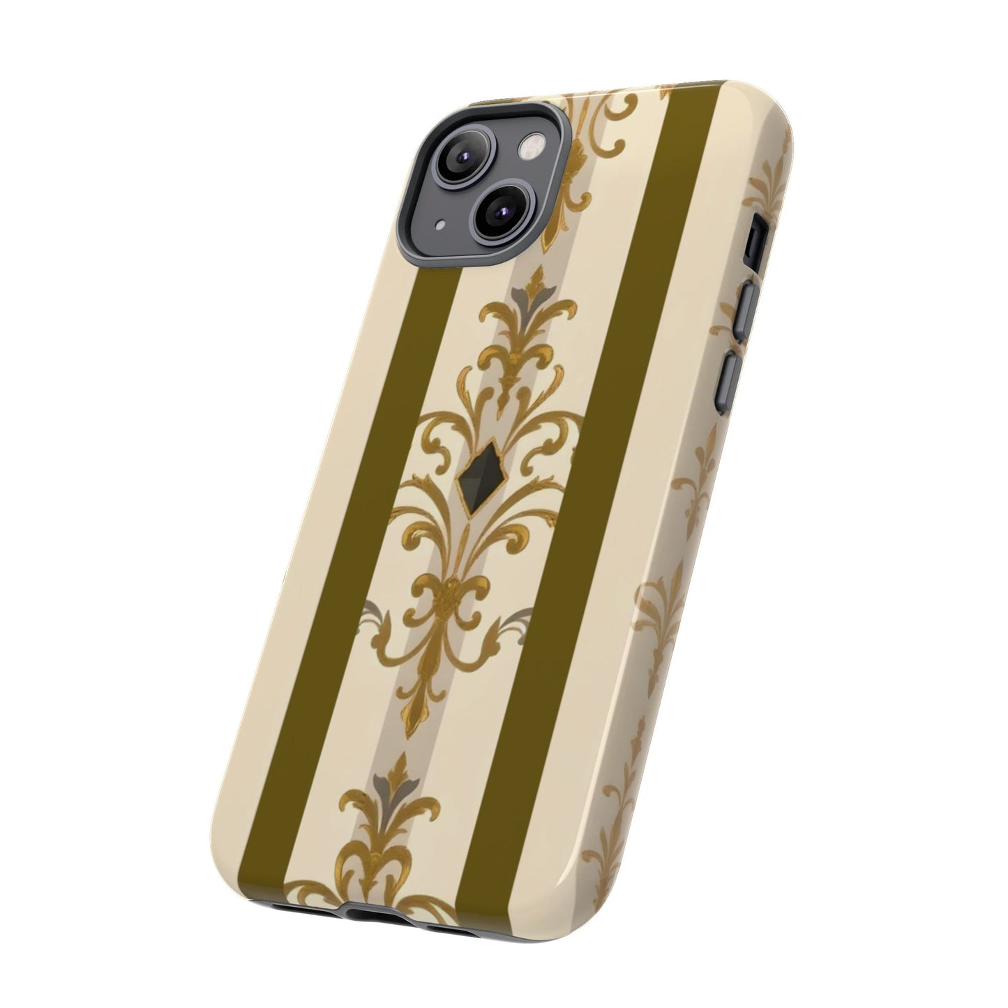 Elegant Floral Motif Phone Case - Tough Cases with Vintage Design - Olive Striped Gold Damask