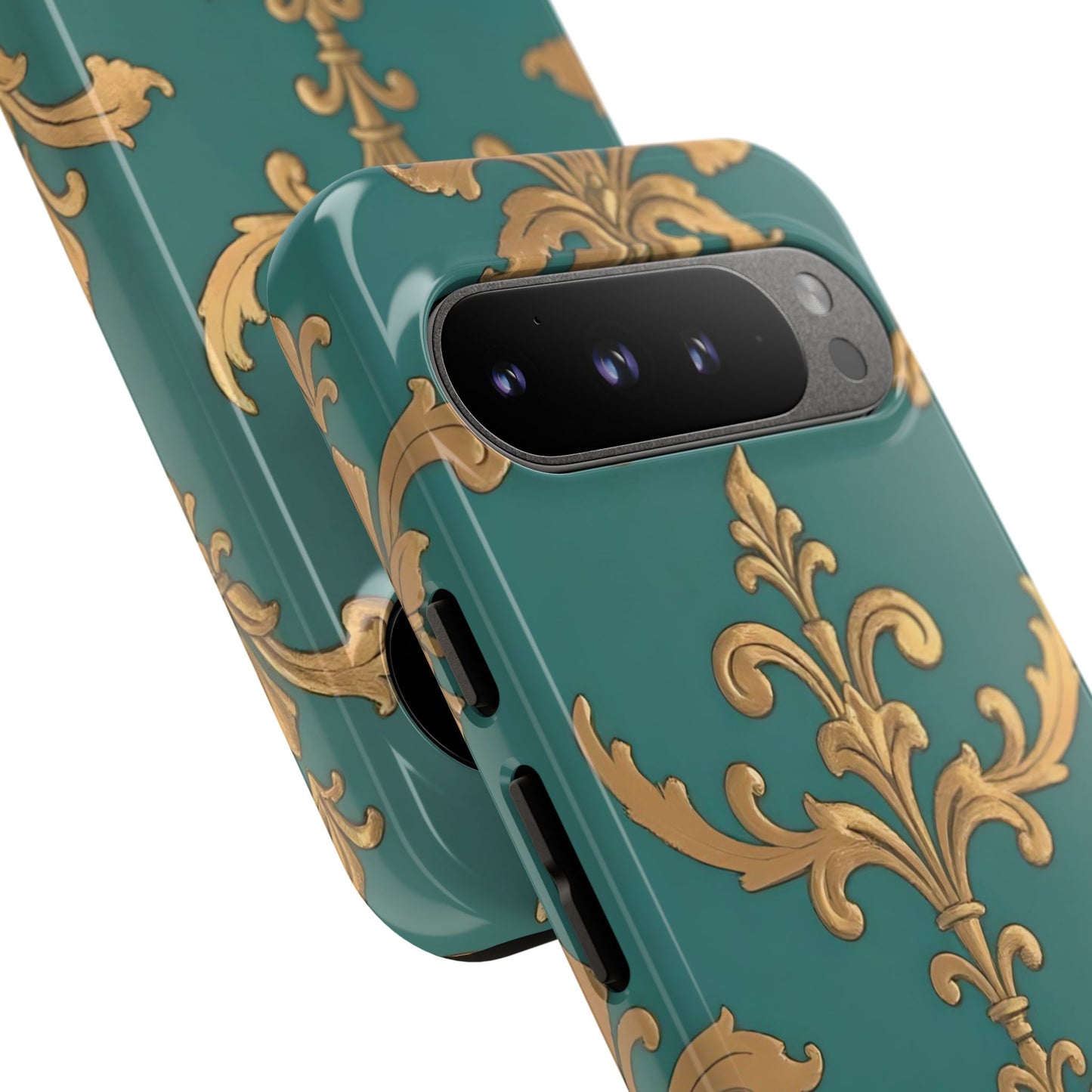 Elegant Floral Motif Phone Case - Tough Cases with Vintage Design - Aqua & Gold Damask