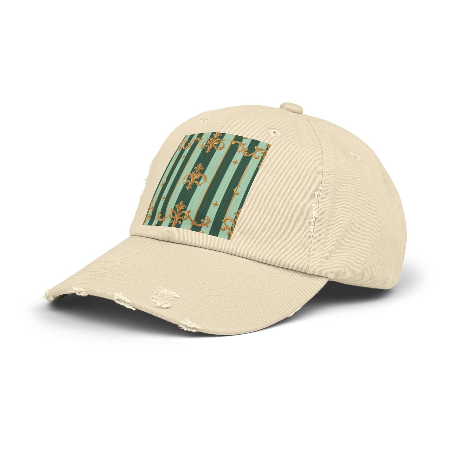 Vintage Chic Unisex Distressed Cap - Fashion Hat, Casual Headwear, Trendy Accessory, Gift for Him/Her - Mint Green & Teal Striped Gold Baroque
