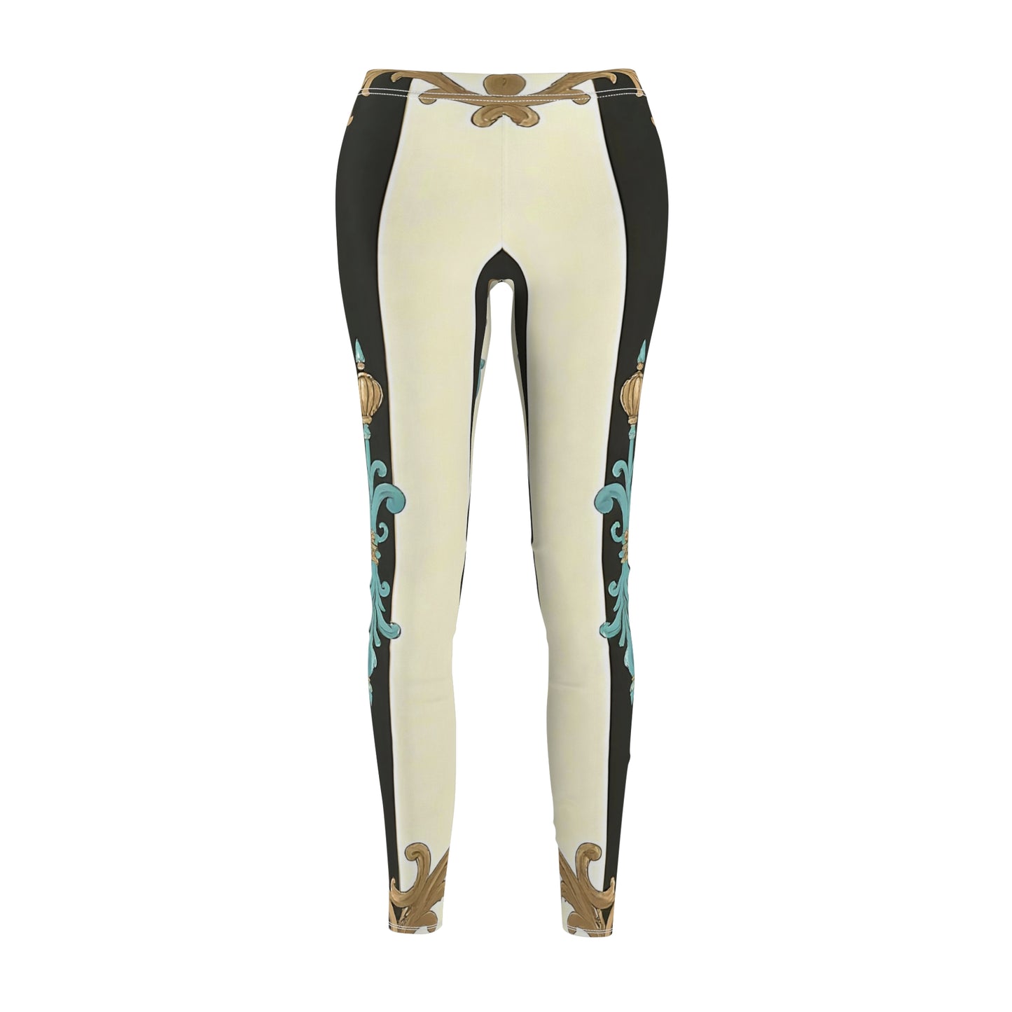 Stylish Women's Cut & Sew Leggings - Boho Chic Pants, Comfortable Athletic Wear, Perfect for Yoga - Black Striped Turquoise & Black Rococo