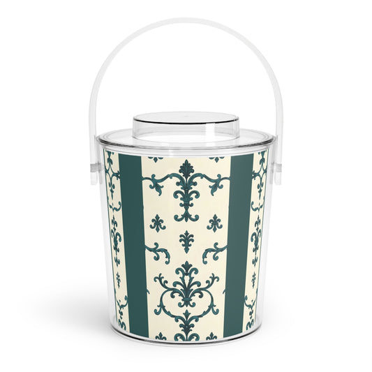 Elegant Ice Bucket with Tongs, Decorative Beverage Chiller, Party Essentials, Wedding Reception Decor, Stylish Home Bar Accessory - Teal Striped Rococo