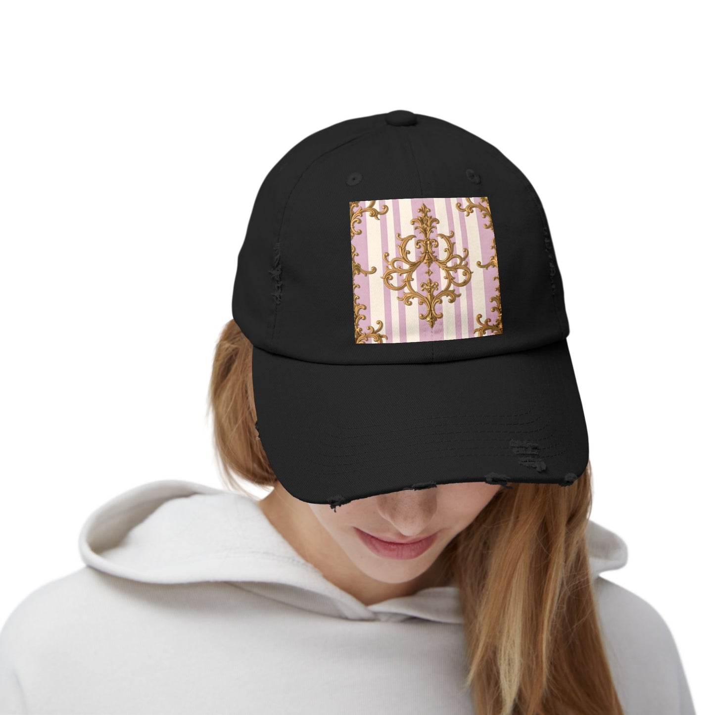 Chic Distressed Cap with Elegant Design | Trendy Accessory, Gift for Fashion Lovers, Perfect for Casual Outings - Lilac & Alabaster Striped Gold Baroque