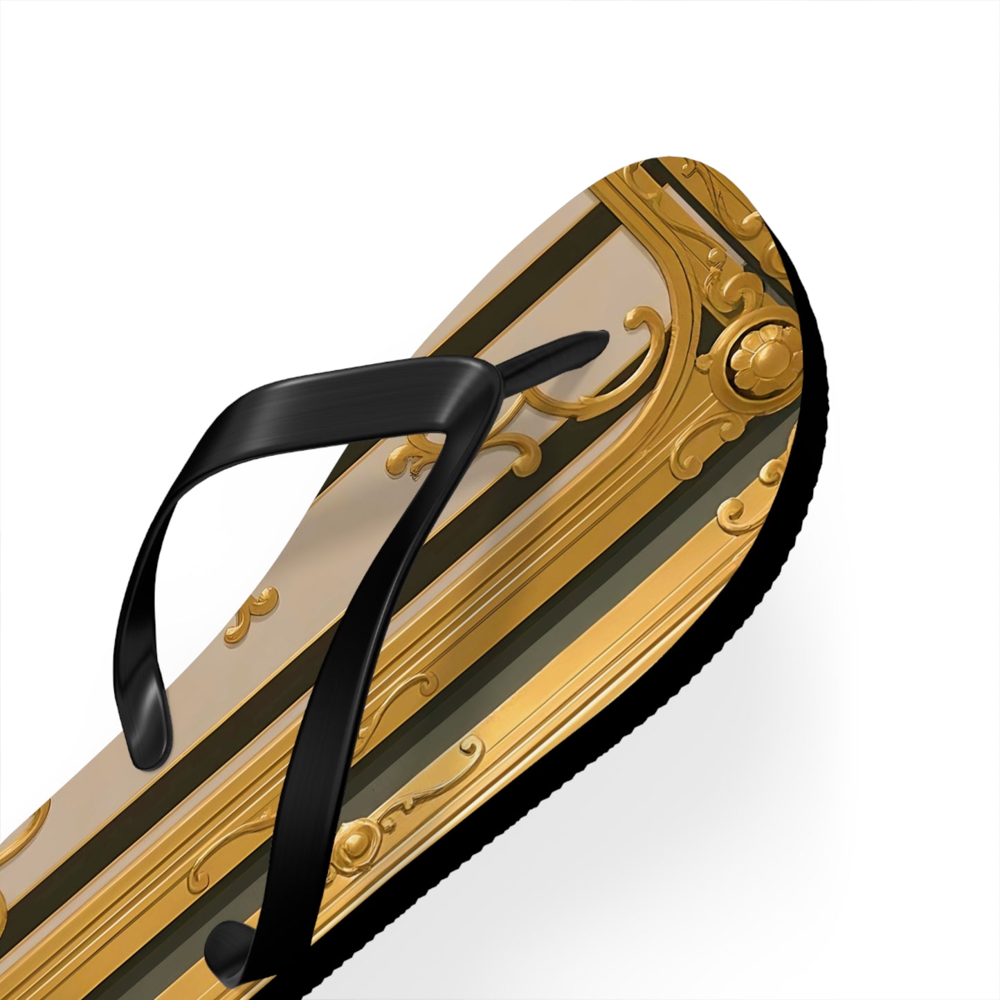 Elegant Golden Flip Flops, Summer Footwear, Beach Sandals, Vacation Essentials, Gift for Her - Beige Striped Gold Rococo