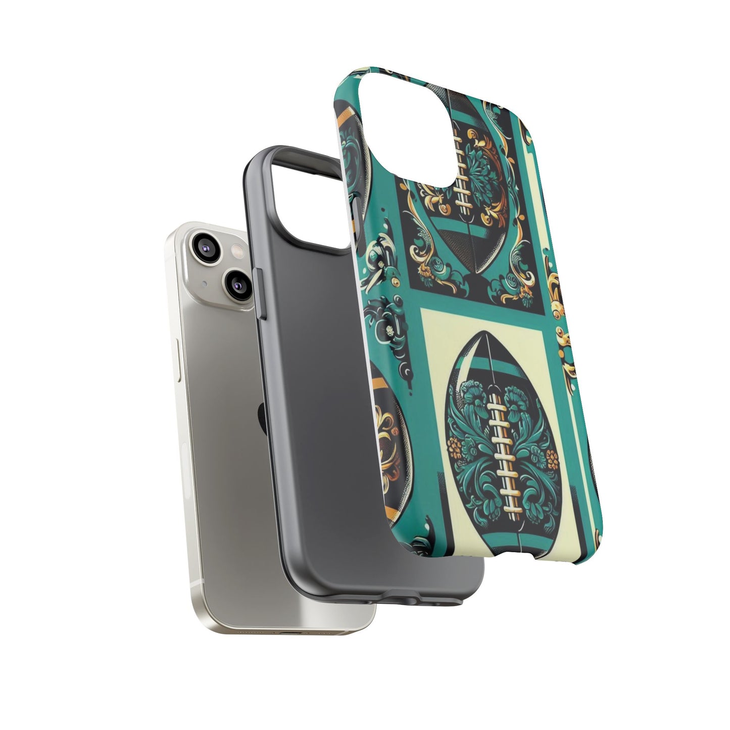 Elegant Floral Motif Phone Case - Tough Cases with Vintage Design -  Damask Teal, Gold & Black Footballs
