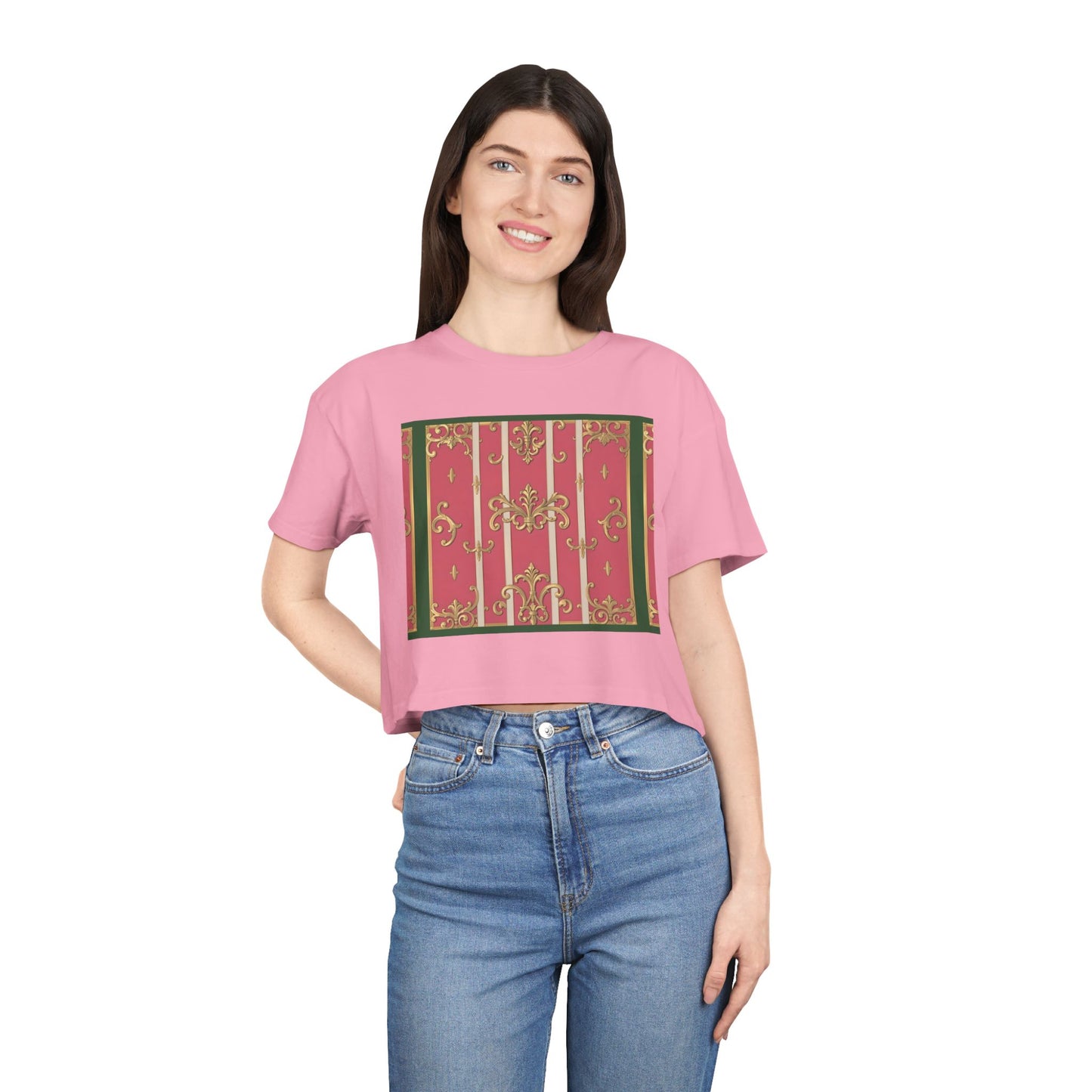 Chic Green Border Pink Striped Baroque Women's Crop Tee - Vintage Style Shirt for Casual Outings, Holidays, Gift Ideas, Spring Fashion, Trendy Top