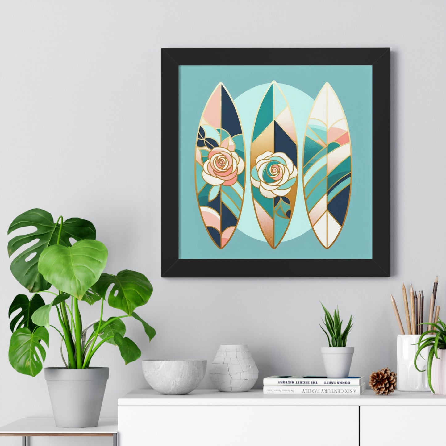 Vertical Poster - Blue, Pink & Aqua Surfboard & Roses Wall Art