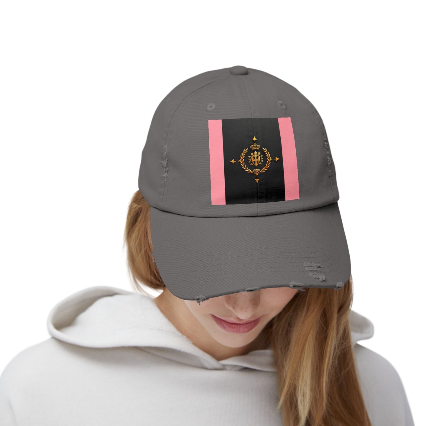 Stylish Unisex Distressed Cap with Trendy Design, Casual Accessories for Everyday Wear, Fashion Statement Cap - Pink Striped Gold Crest