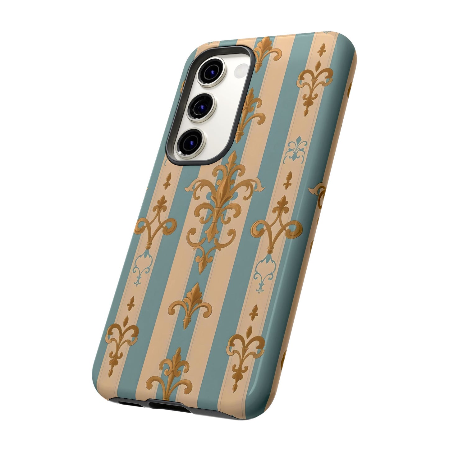Elegant Floral Motif Phone Case - Tough Cases with Vintage Design -  Beige & Sky Blue Striped Gold Damask