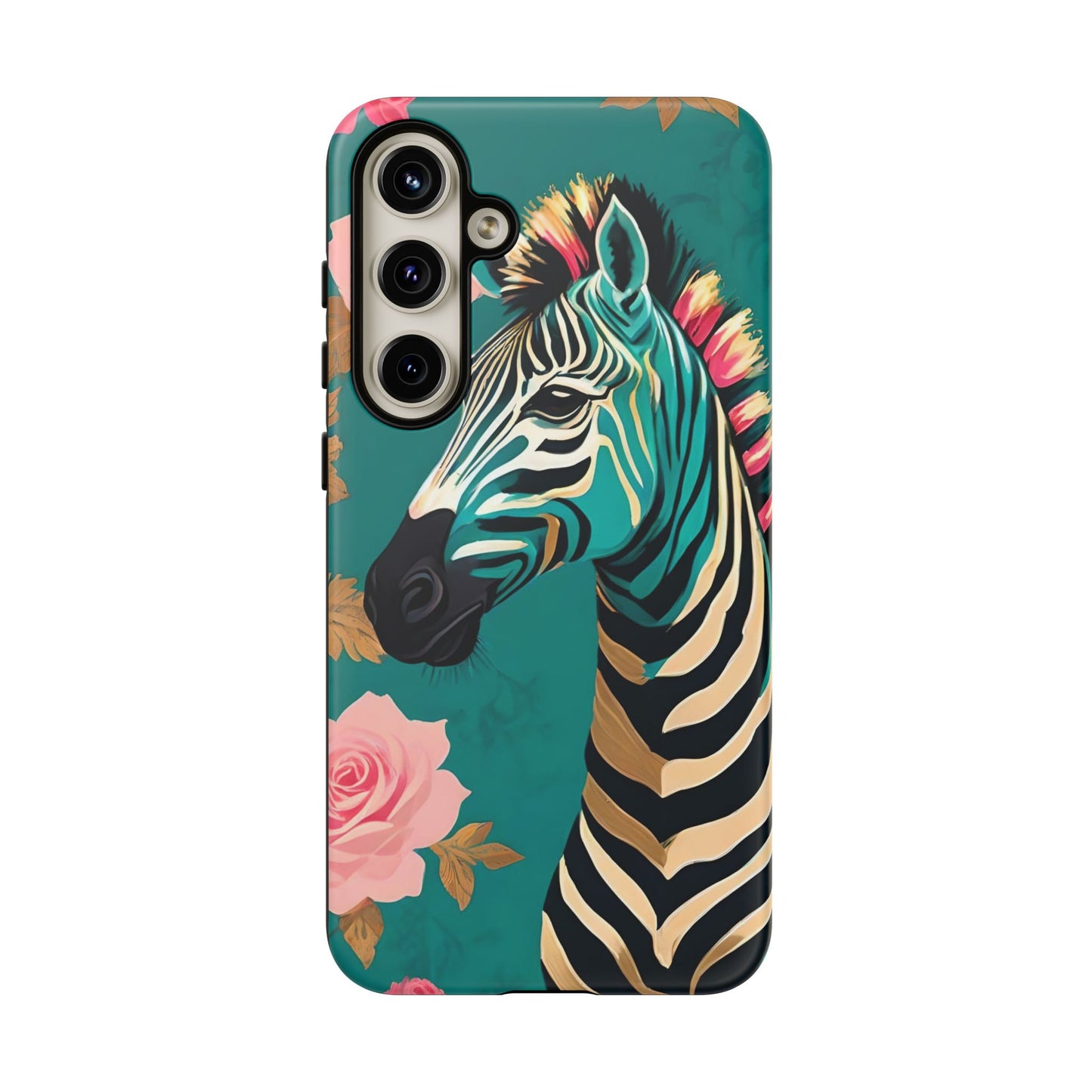Phone Case - Elegant Teal & Gold Zebra & Roses Design