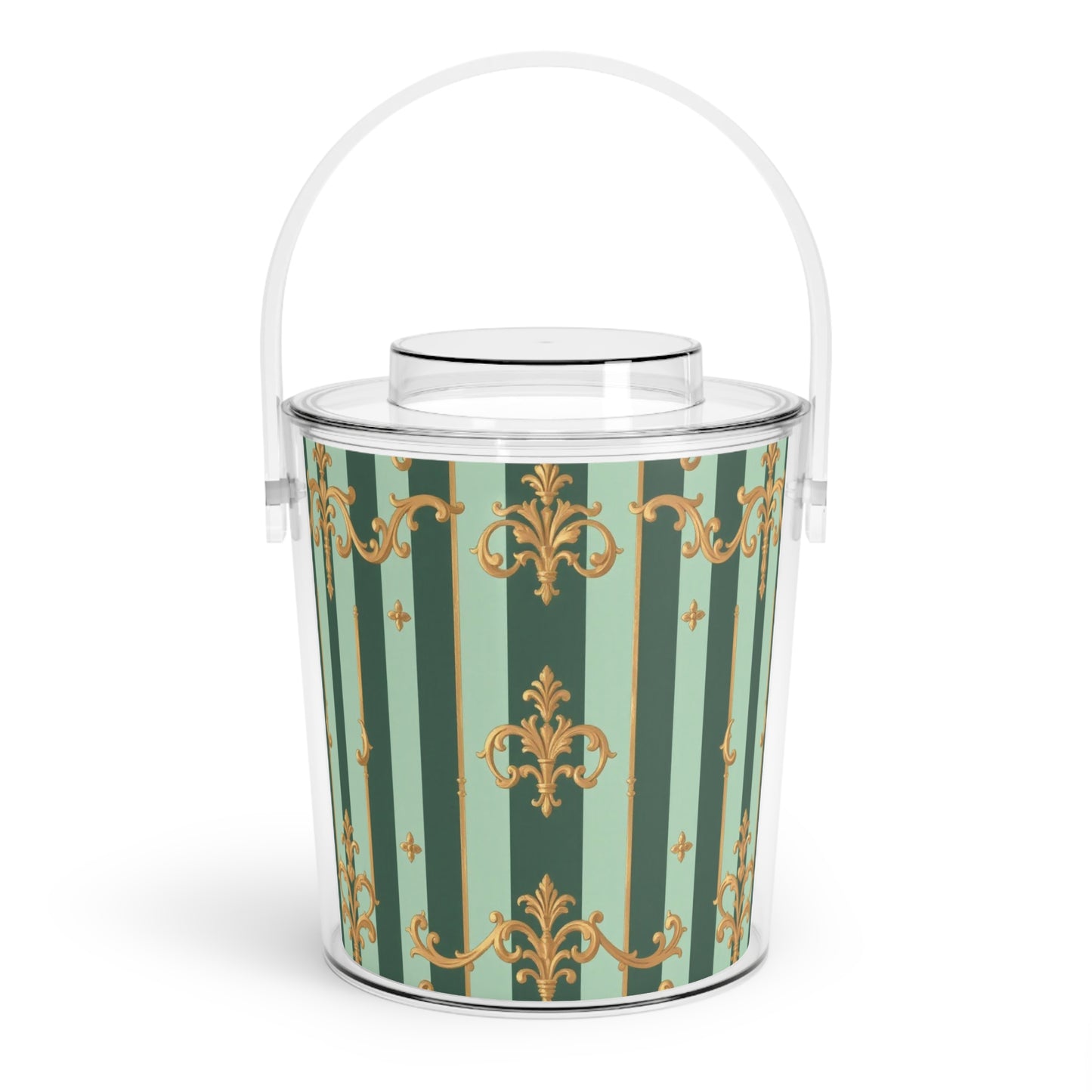 Elegant Vintage Ice Bucket with Tongs | Perfect for Parties, Weddings, Home Bars, Entertaining, Gifts - Mint Green & Teal Striped Gold Baroque