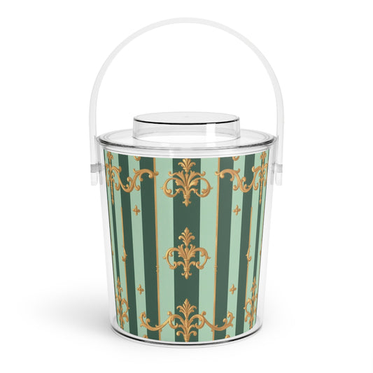 Elegant Vintage Ice Bucket with Tongs | Perfect for Parties, Weddings, Home Bars, Entertaining, Gifts - Mint Green & Teal Striped Gold Baroque
