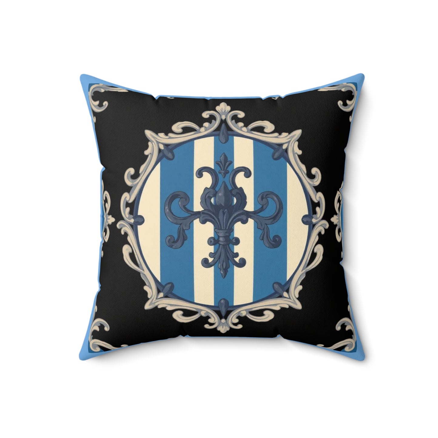 Blue & Alabaster Striped Baroque Decorative Pillow with Ornate Design, Home Decor Accent, Sofa Cushion, Nautical or Mediterranean Style