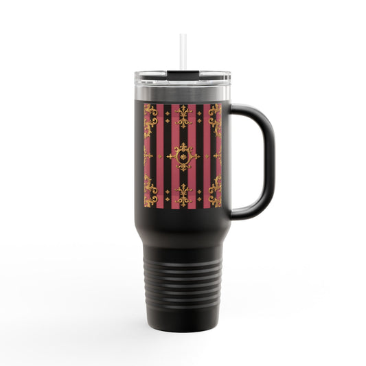 Elegant Black & Mauve Striped Gold Baroque Insulated Travel Mug, 40oz | Stylish Striped Travel Cup | Perfect for On-the-Go | Great Road Trips, and Work