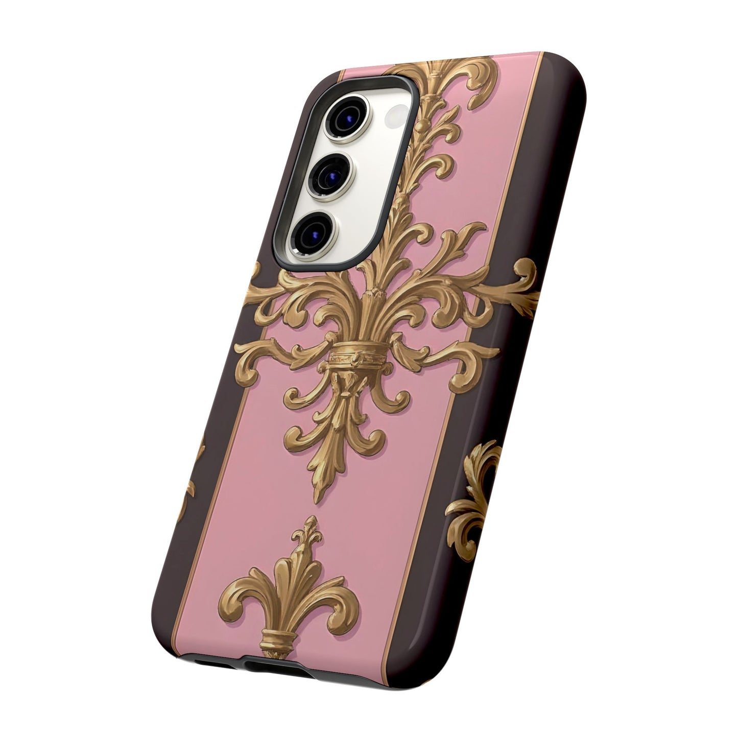 Elegant Floral Motif Phone Case - Tough Cases with Vintage Design - Pink & Brown Striped Gold Damask