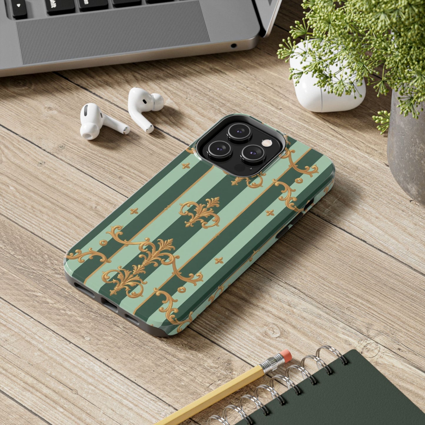 Elegant Floral Tough Phone Cases | Stylish Phone Protection, Gift for Her, Trendy Accessory, Unique Decor - Mint Green & Teal Striped Gold Baroque