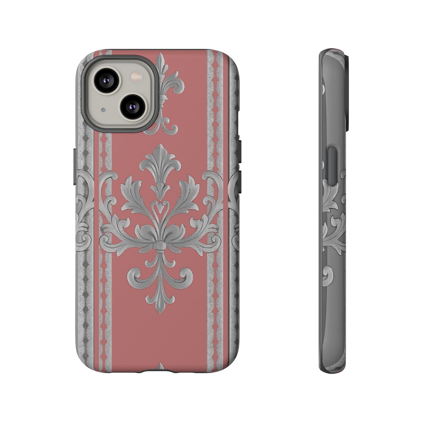 Elegant Floral Phone Case - Tough Cases for Stylish Protection - Gray & Mauve Striped Baroque