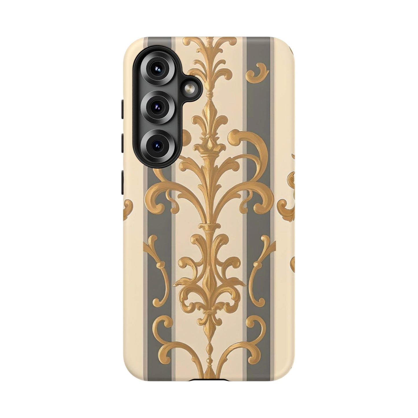 Elegant Floral Motif Phone Case - Tough Cases with Vintage Design - Dusk Olive Striped Gold Damask
