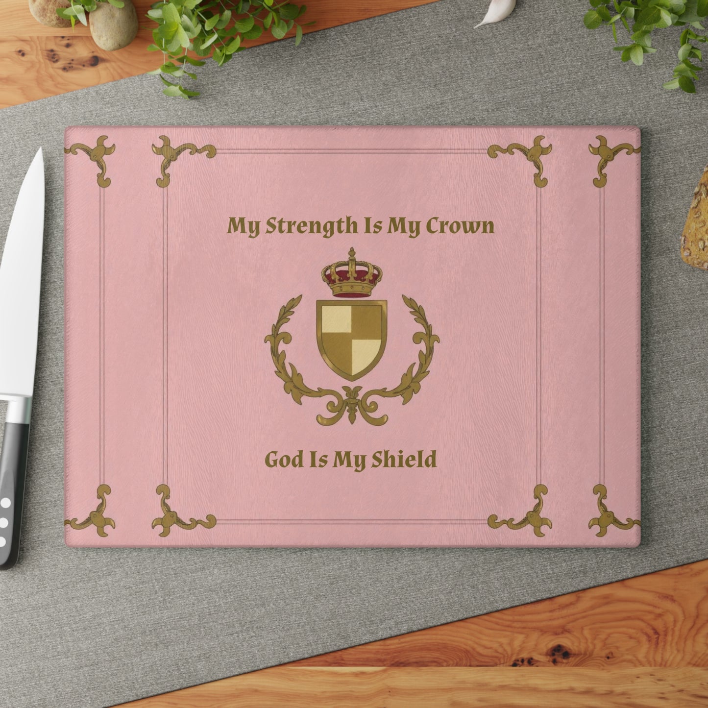 Crest & Crown Spiritual Quote Glass Cutting Board with Inspirational Quote, Kitchen Decor, Gift for Home, Wedding Present, Housewarming Gift