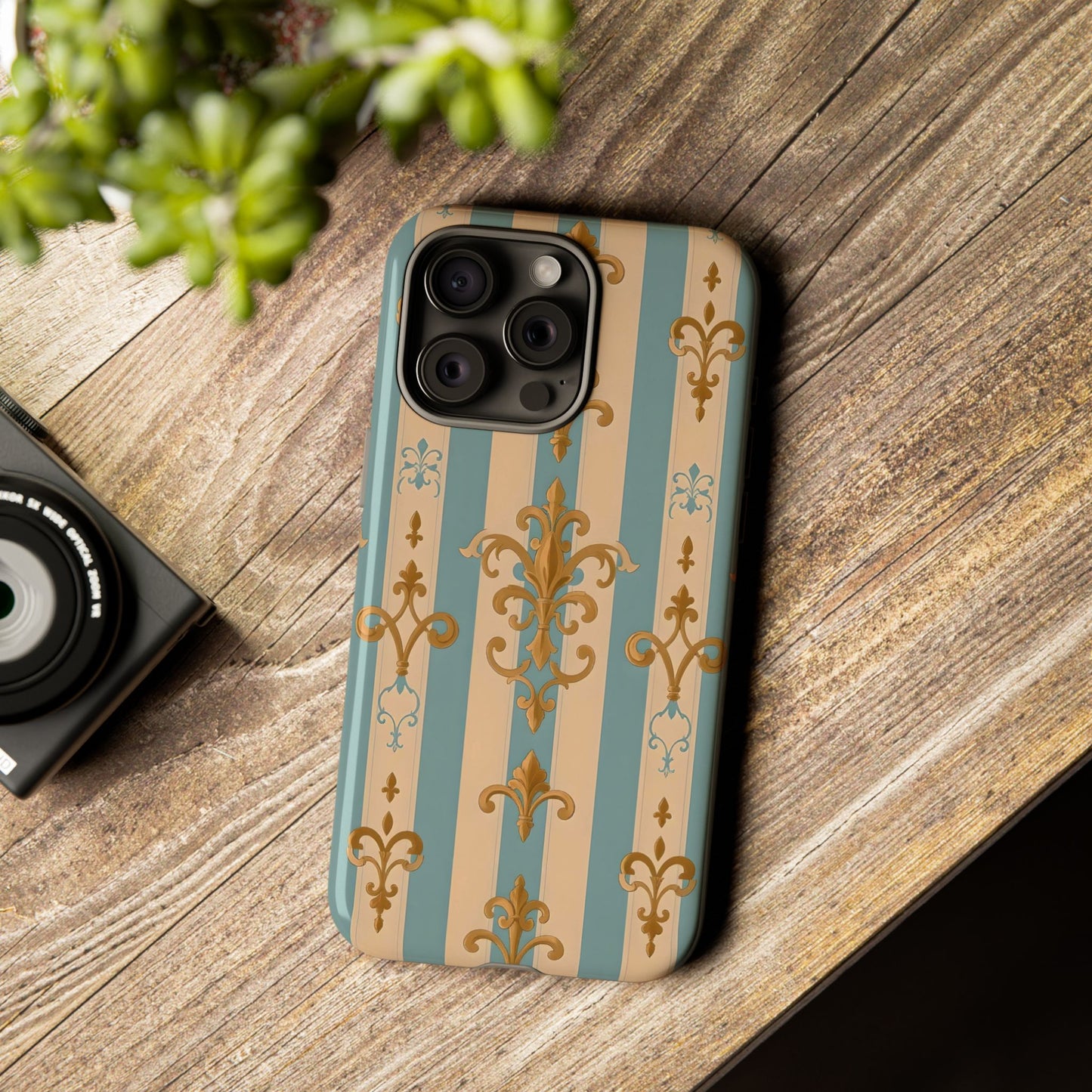 Elegant Floral Motif Phone Case - Tough Cases with Vintage Design -  Beige & Sky Blue Striped Gold Damask