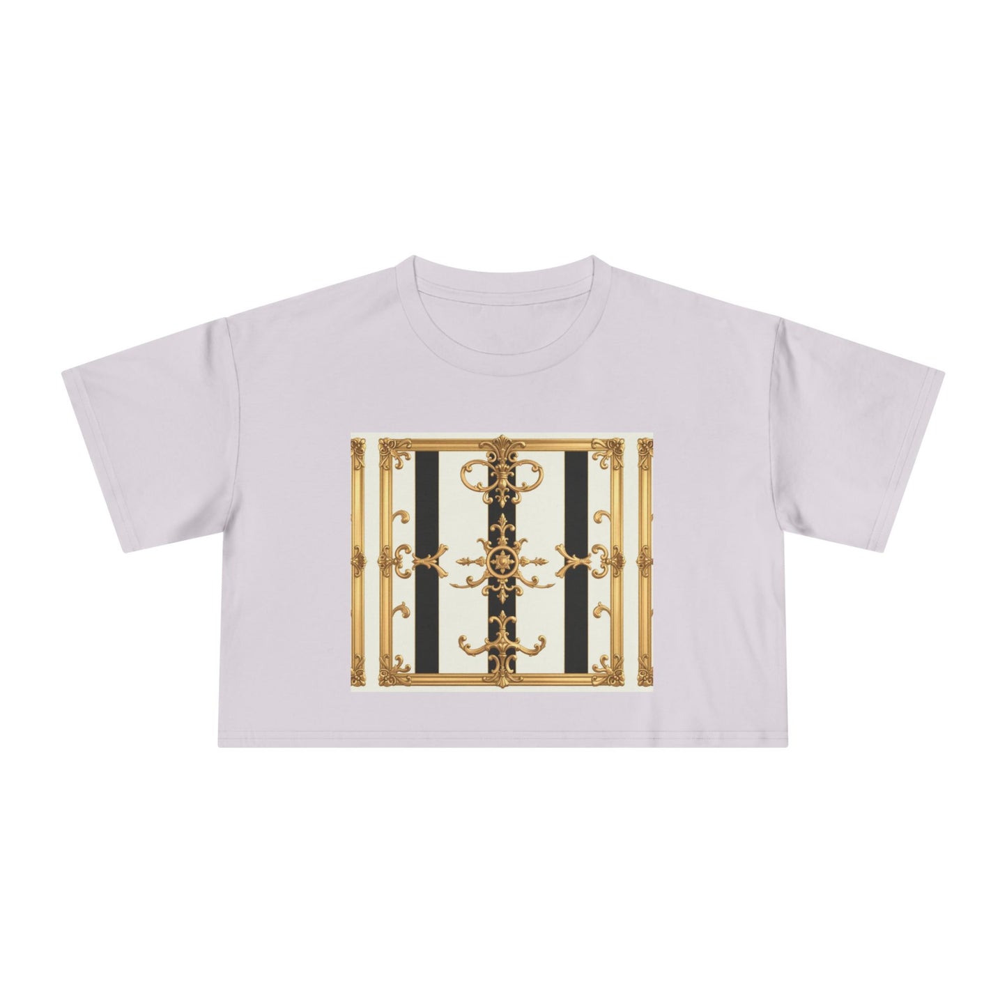 Chic Gold Baroque Women's Crop Tee, Stylish Summer Top, Fashionable Gift for Her, Casual Fashion - Black & White Striped Gold Baroque