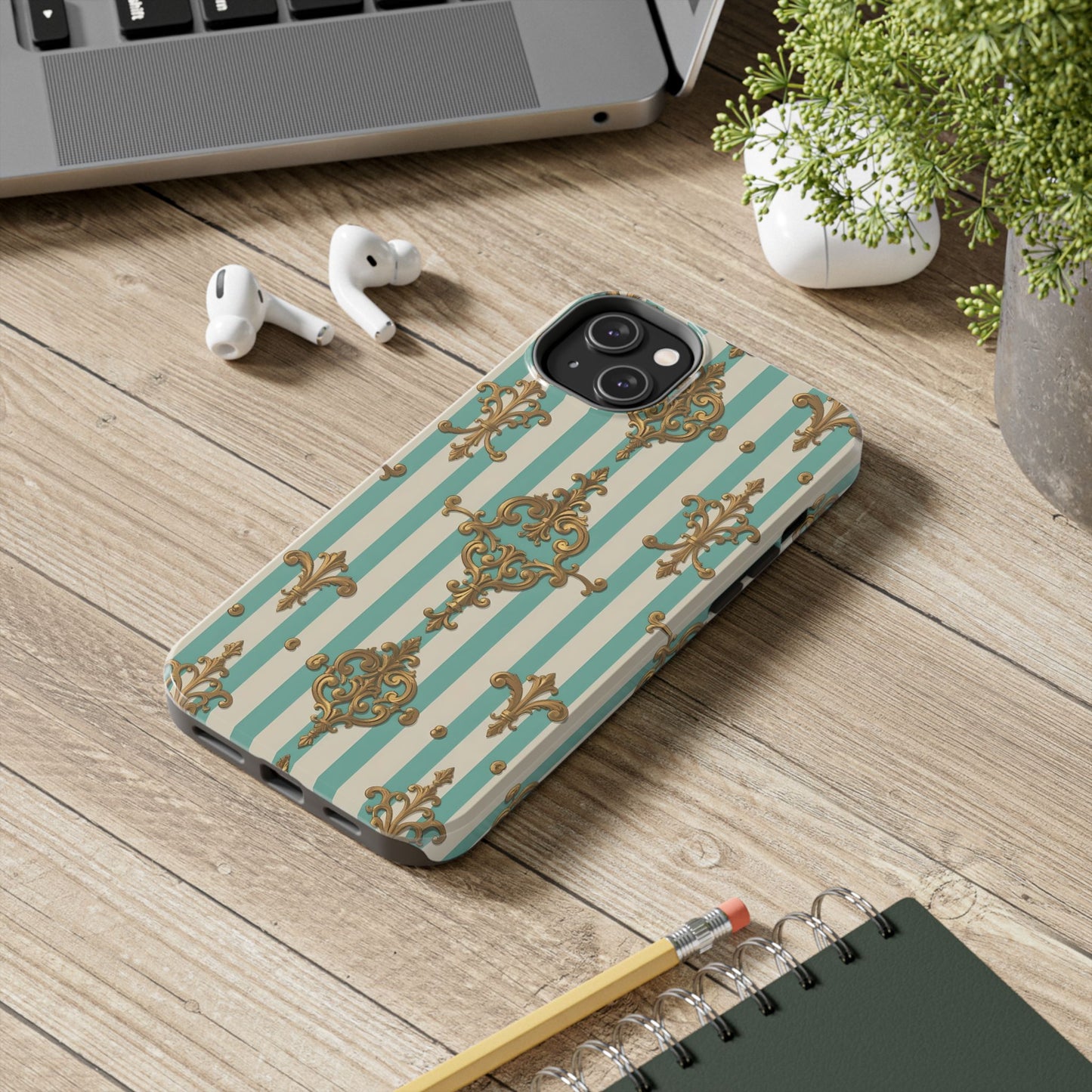 Elegant Striped Phone Case with Vintage Design, Tough Phone Cover, Stylish Smartphone Case - Matte Green Striped Rococo