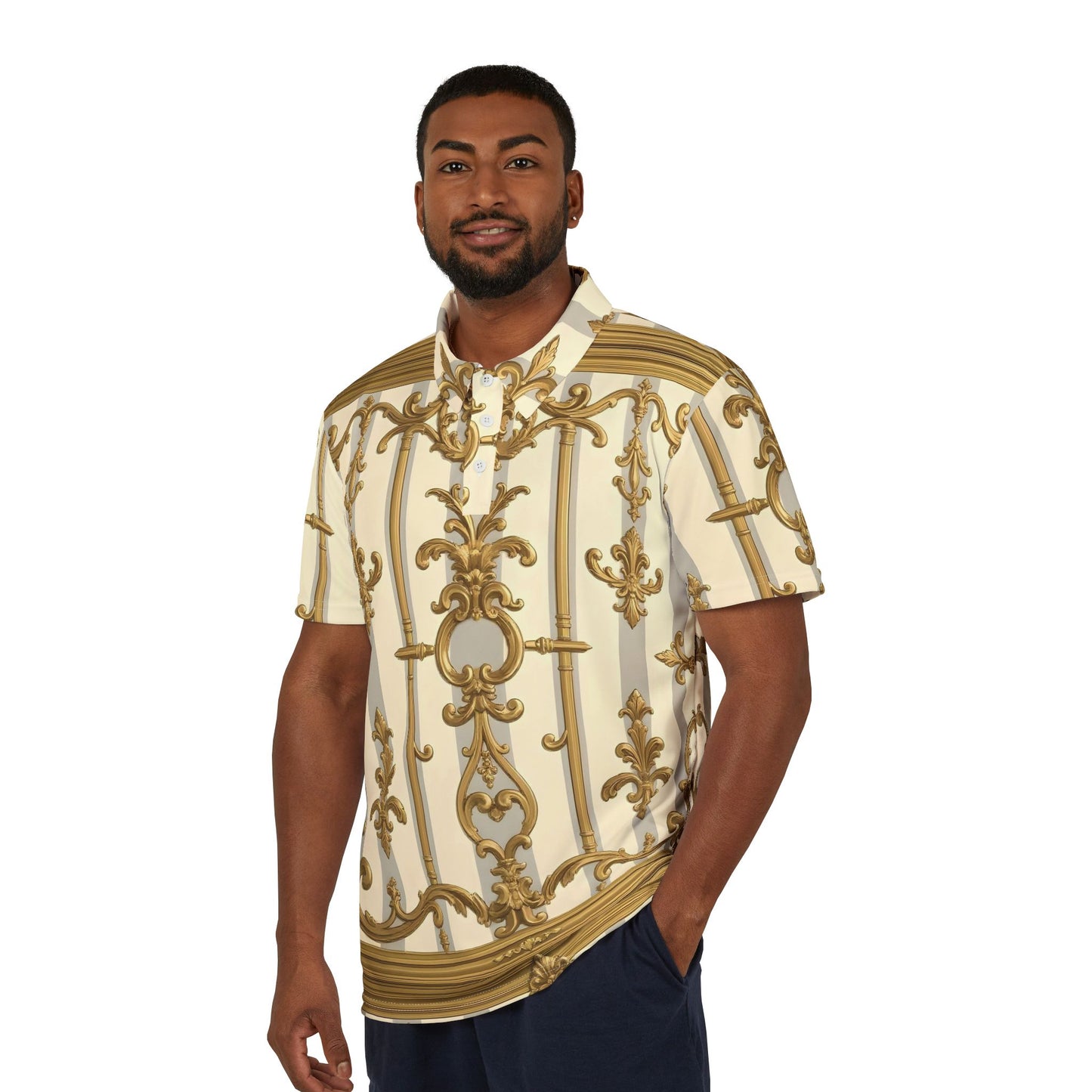 Elegant Gold Pattern Polo Shirt, Stylish Men's Casual Wear, Great for Parties, Weddings, Spring Events - Matte Gray & Cream Striped Gold Baroque