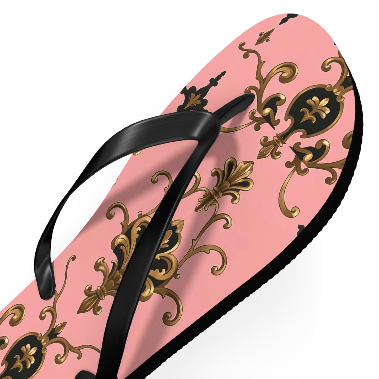 Stylish Flip Flops with Elegant Pink Design, Summer Footwear, Beach Sandals, Vacation Essentials - Pink, Black & Gold Rococo