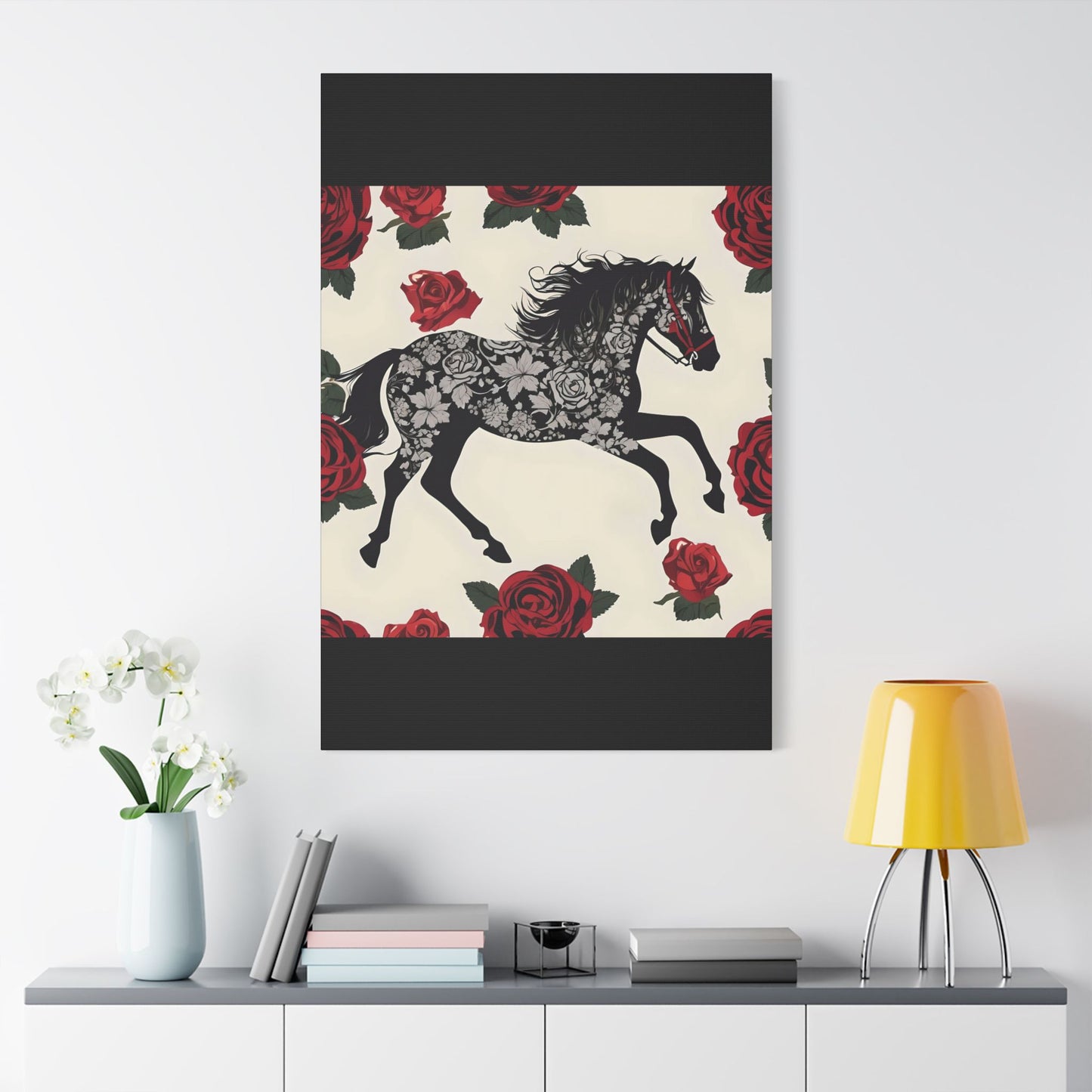 Art Print Canvas, Wall Decor, Satin Stretched Canvas, Equestrian Art, Office Decor, Home Decor - Horse & Roses