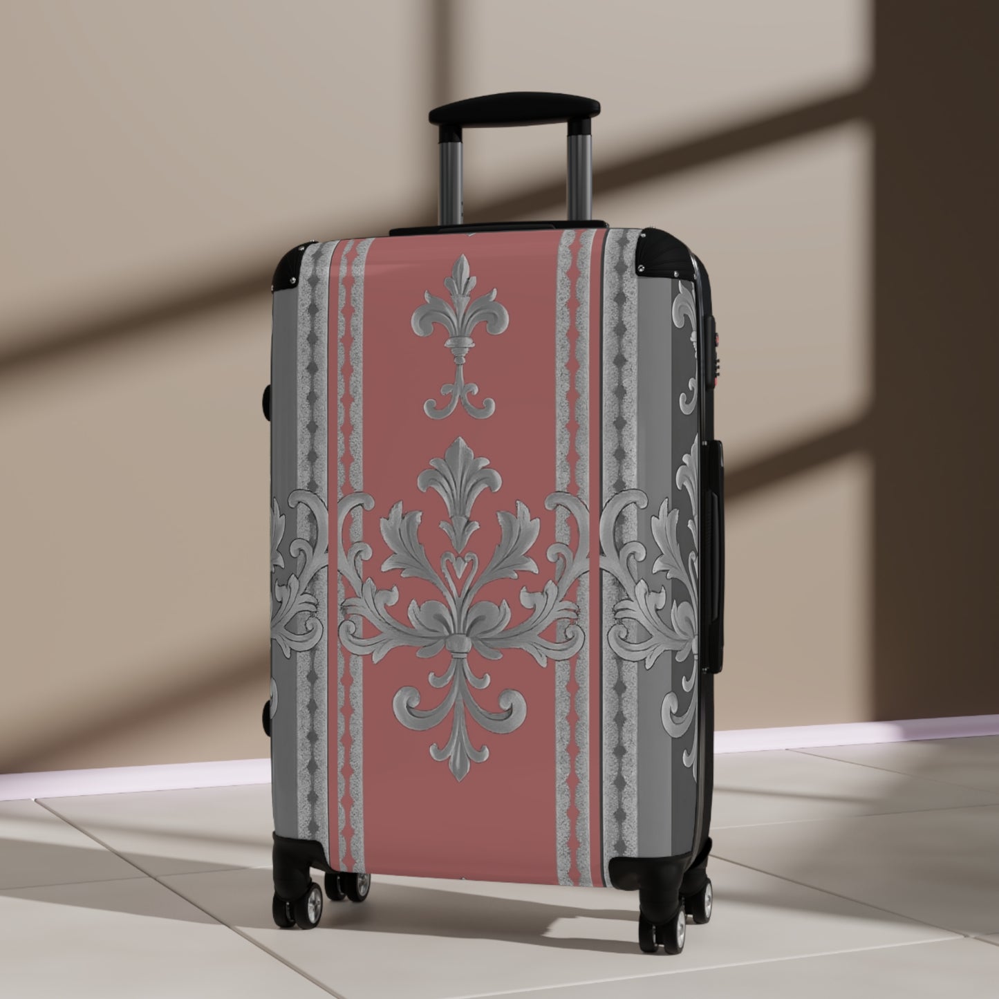 Elegant Floral Design Suitcase for Stylish Travelers - Gray & Mauve Striped Baroque