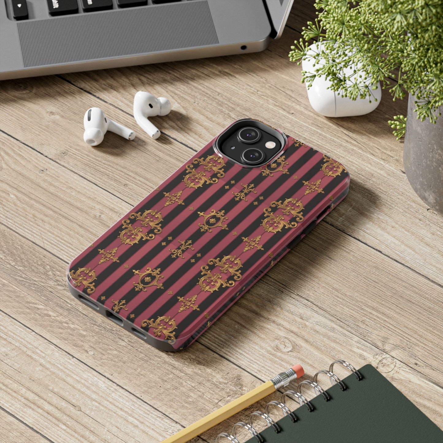 Elegant Black & Mauve Striped Gold Baroque Phone Case, Tough Phone Cases, Stylish Protective Cover, Unique Gift, Luxe Phone Accessories