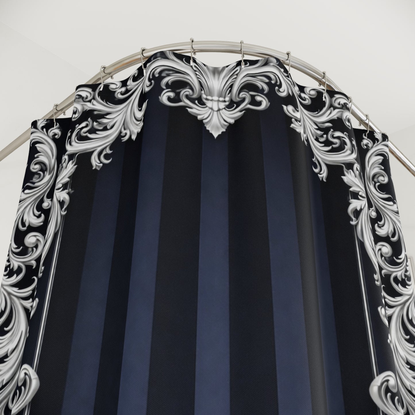 Navy Stripes & Baroque Shower Curtain — Elegant Navy Striped Bath Curtain with Ornate Silver Frame