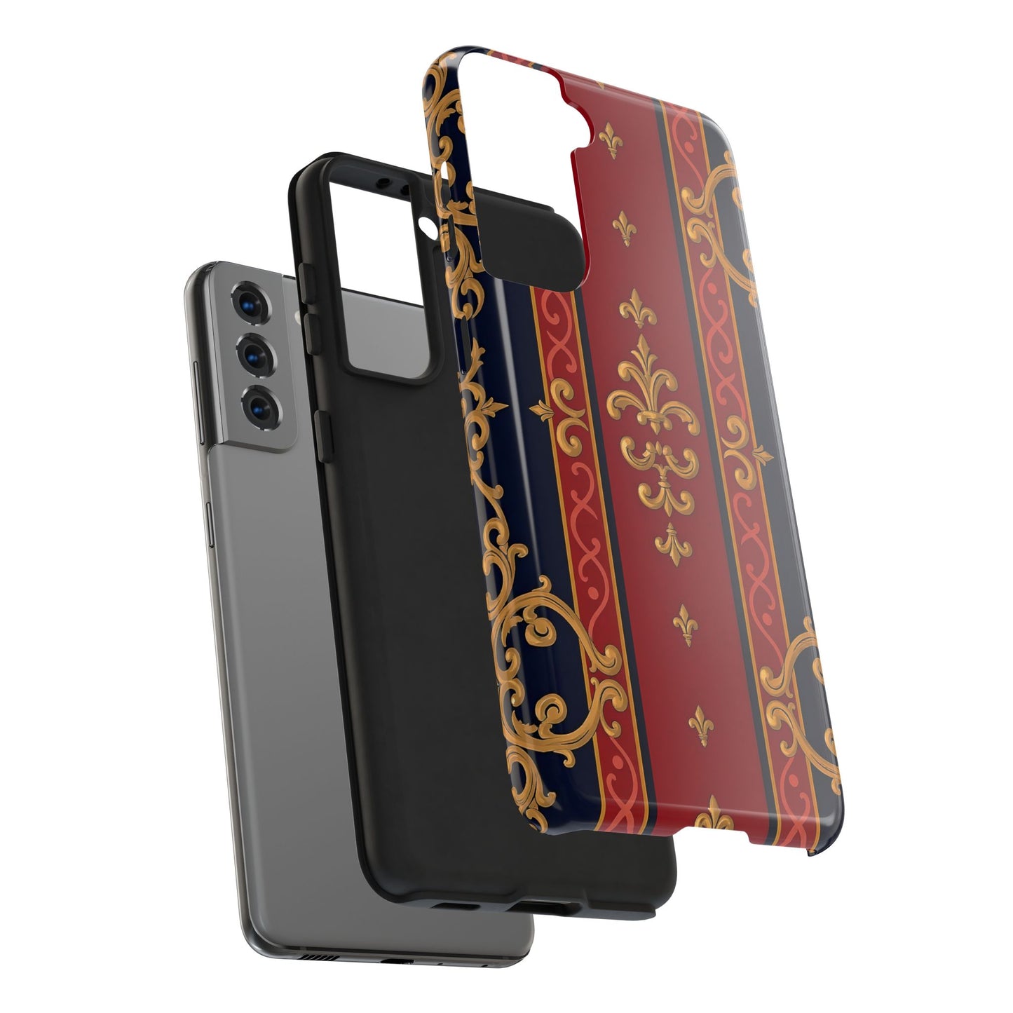 Elegant Vintage Phone Cases, Tough Phone Cover, Stylish Cell Phone Accessories, Durable Phone Protection - Midnight Blue & Dusk Red Gold Baroque