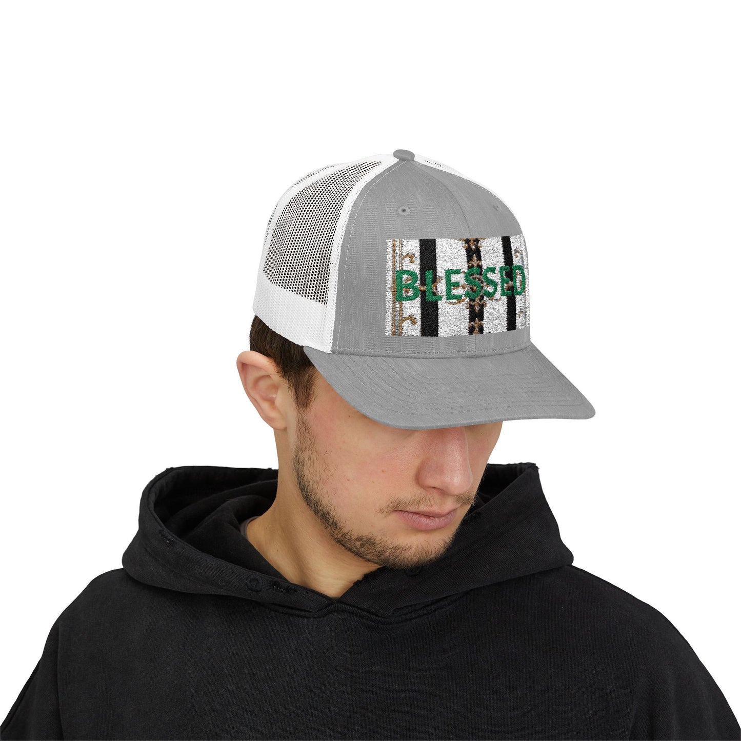 Blessed Snapback Trucker Cap | Casual Style, Outdoor Gear, Faith-Based Gift, Adjustable Hat, Everyday Fashion - Black & White Striped Gold Baroque