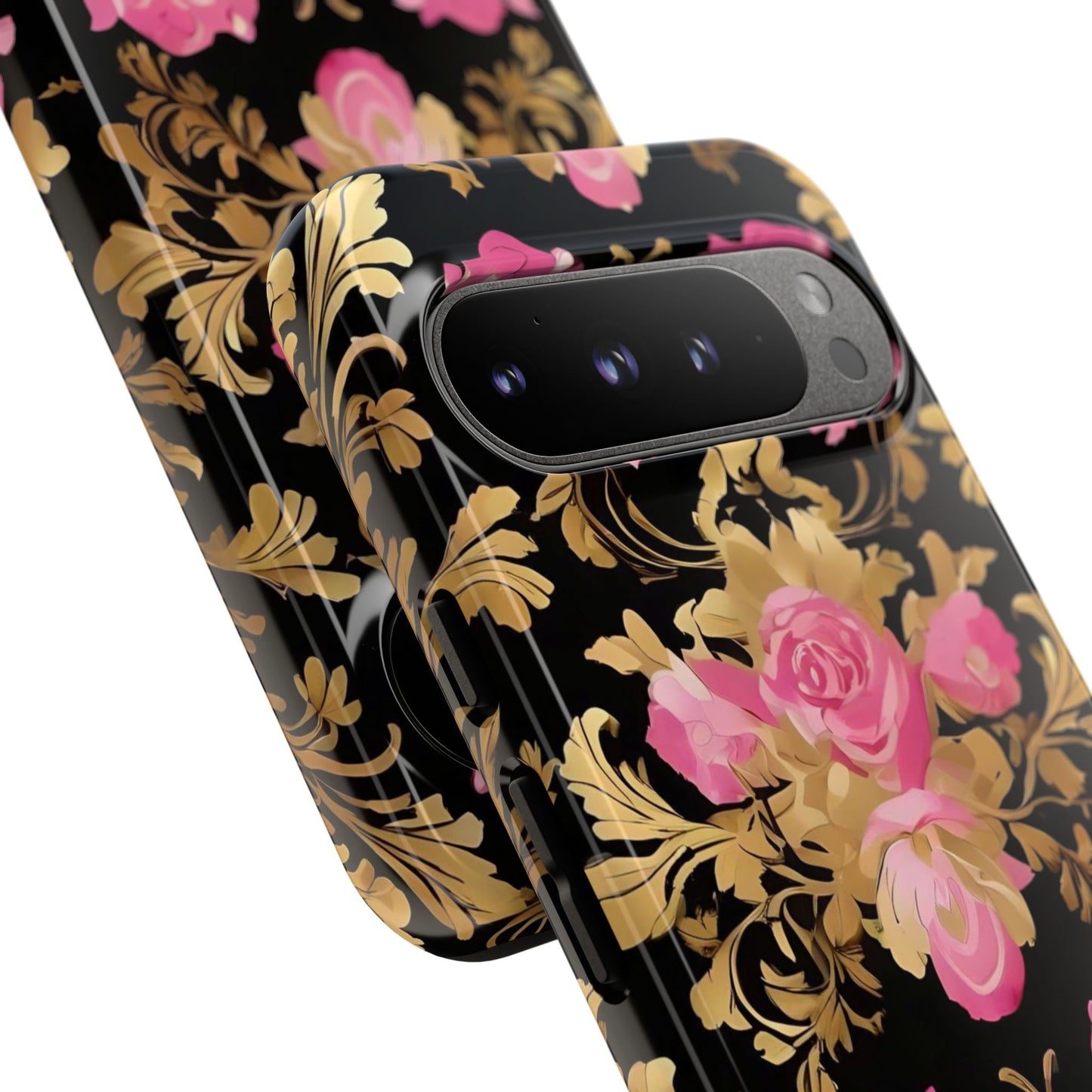 Elegant Floral Motif Phone Case - Tough Cases with Vintage Design - Pink & Gold Roses