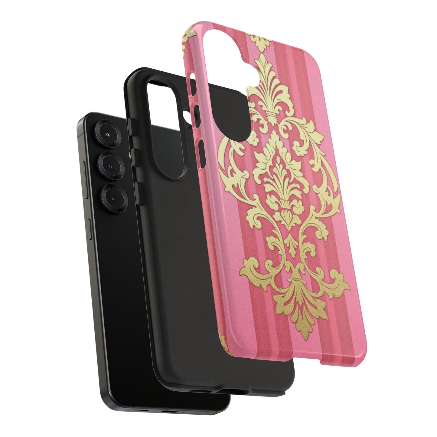 Elegant Floral Motif Phone Case - Tough Cases with Vintage Design - Pink Striped Damask